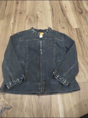 Ruby Rd. Beaded Dark Gray Zip-Front Denim Jacket